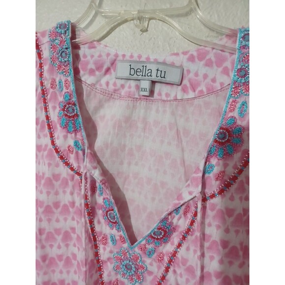 BELLA TU EMBROIDERED TUNIC TOP SiZe XXL Pink V-NECK SEQUIN BEADED - Picture 2 of 11
